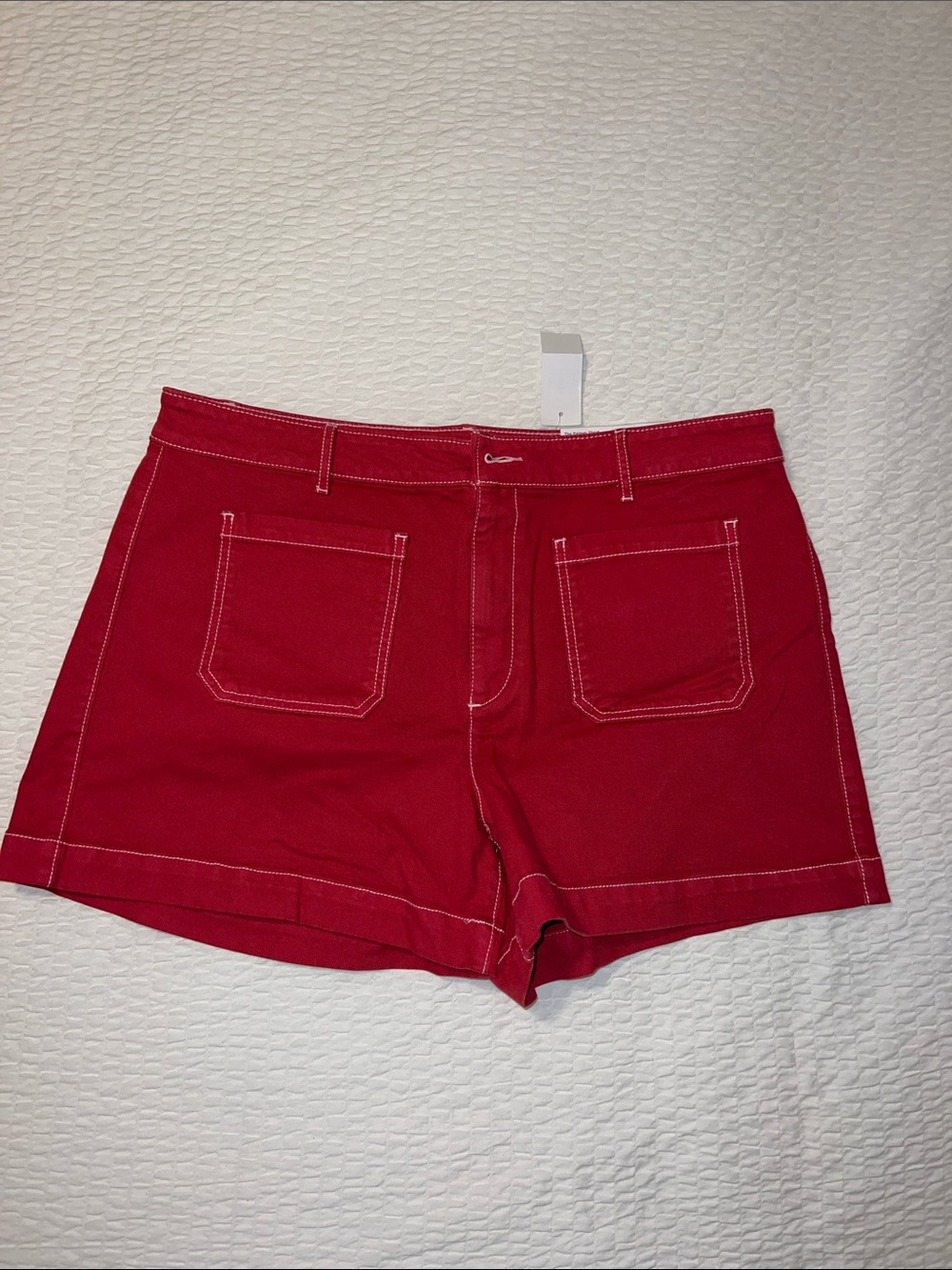 LOFT Red High-Waist Denim Shorts with Contrast Stitching